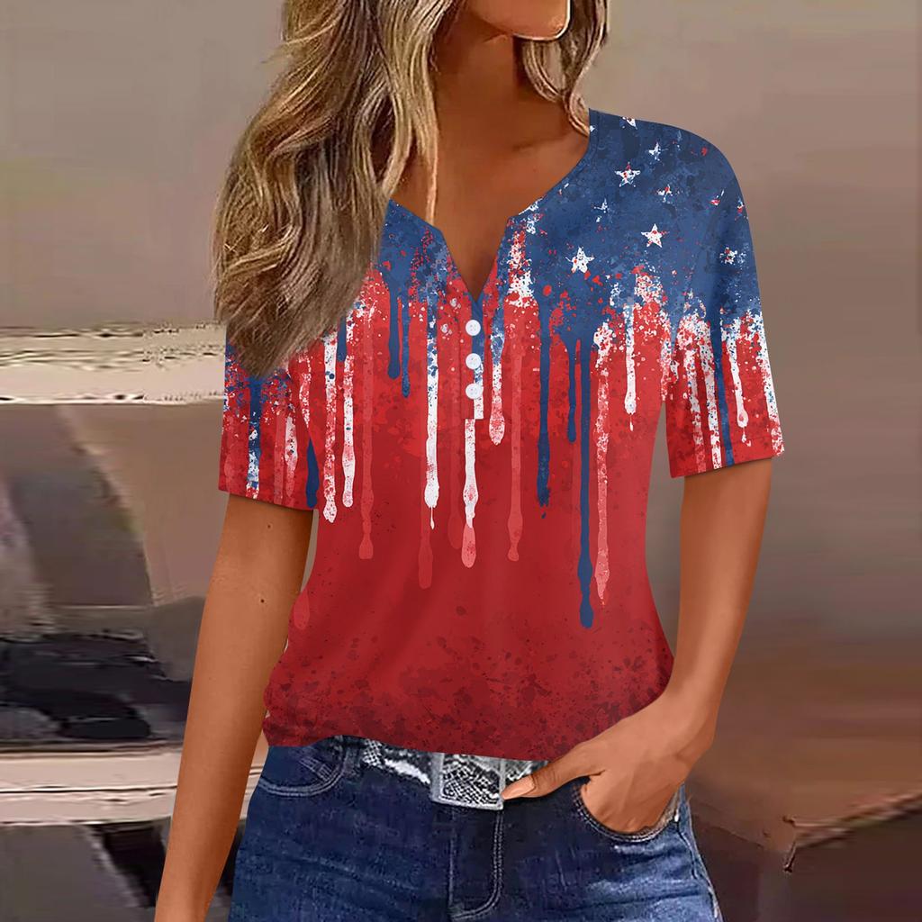 Women's T Shirt Independence Day Print Button Short Sleeve Daily Weekend Fashion Basic V- Neck Regular Top