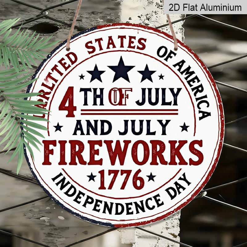 

2D Flat, 1pc Round Aluminum Hanging Sign, Vintage 4th of July Metal Wall Art, USA Independence Day Fireworks Design, Perfect for Front Door, Porch 7.87*7.87inch