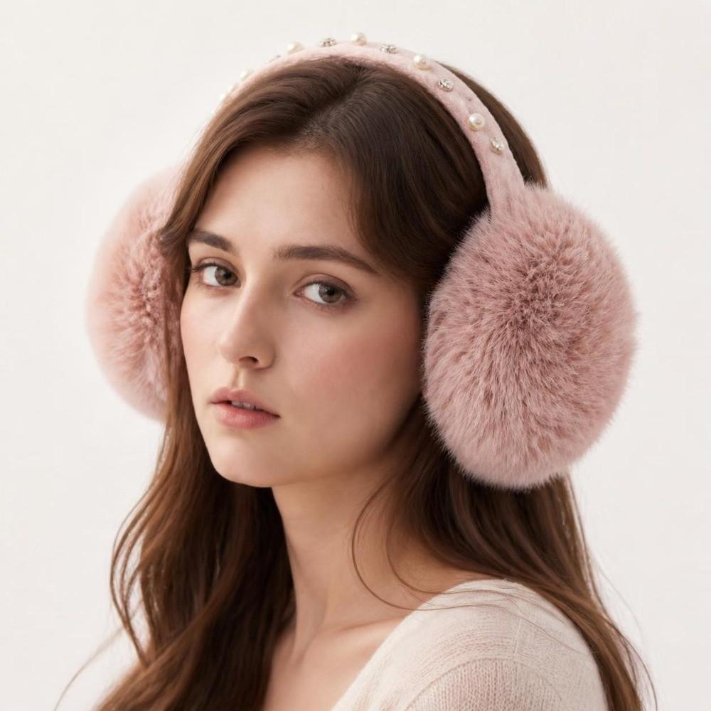 Plush Faux Fur Earmuffs Pearl Rhinestone Decor Soft Fluffy Earmuffs New Winter Ear Warmers  Outdoor