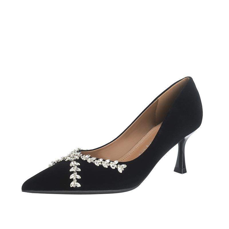 Temperament Kreuzblumen Strass High Heels Damen Spitz zulaufend Dünne Absätze Einzelne Schuhe Kaschmir Vielseitig im Herbst und Winter