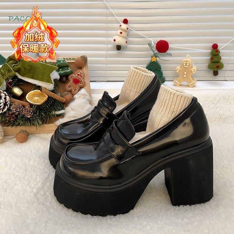 British style small leather shoes  winter new Spice Girl platform-soled velvet single shoes high-heeled warm loafers