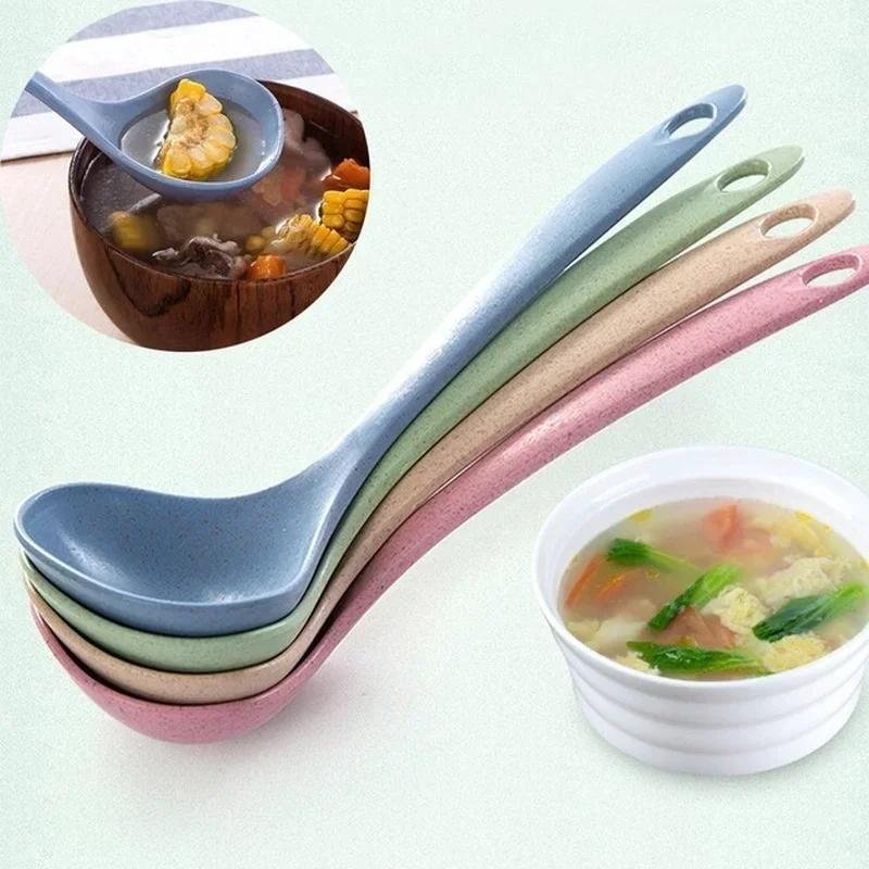 Kitchen Convenience Tableware Wheat Straw Soup Ladle 4 Colors Long Handle Soup Rice Spoon Meal Dinner Scoops Cooking Tools