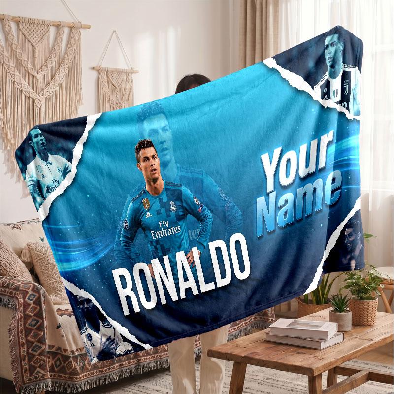 Coperta Personalizzata in Pile Cristiano Ronaldo con Logo Calcio, Testo Nome Personalizzato Morbida Calda Coperta da Divano per la Casa