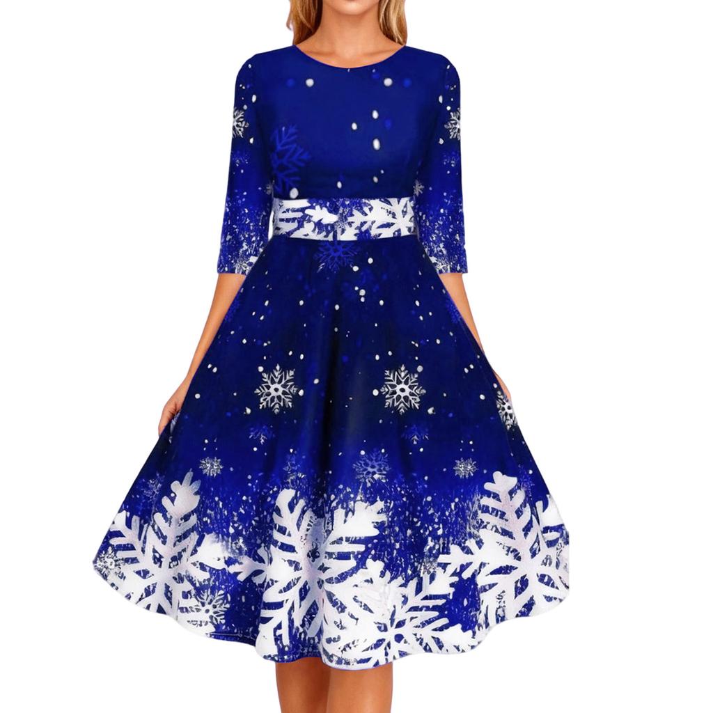 Ladies' Printed Fashionable And Personalized Snowflake Mid Sleeve Waist Dress