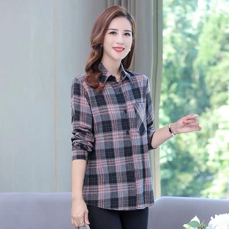 Women's Plaid Button Down Shirt Loose Fit Turn-down Collar Long Sleeve Brushed Casual Check Top For Middle-aged Ladies Spring Daily Wear