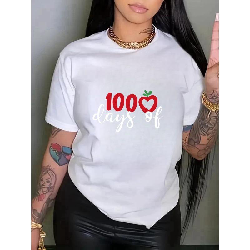 Women S Cute 100 Digit Pattern Print Round Neck T-Shirt, Spring/ Summer Casual Short Sleeve Top for Women, Geometric Pattern, Crew Neck S белый