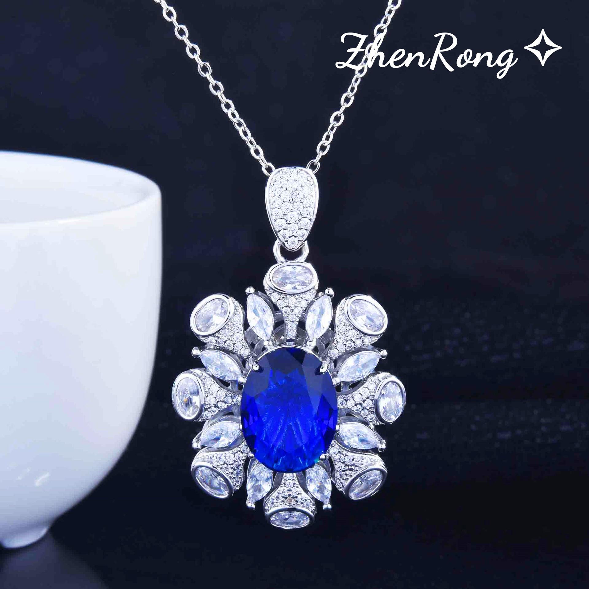 Haute Sense Heavy Industry Design 15-Carat Royal Blue Set, Luxury Full Diamond Pendant Open Ring Color Treasure Earrings