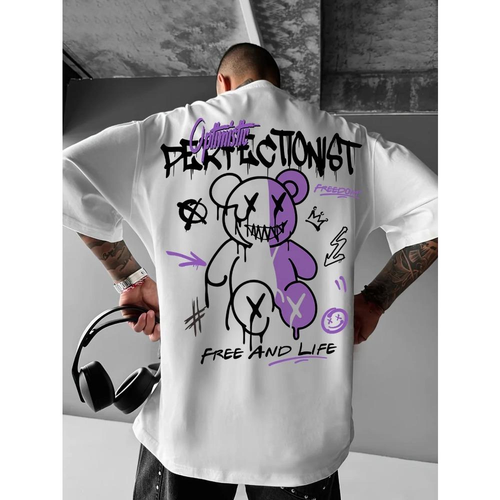Summer New Men's Teddy Bear Graffiti Print Comfortable and Breathable Round Neck T-shirt. This Is an Outdoor Versatile Street St