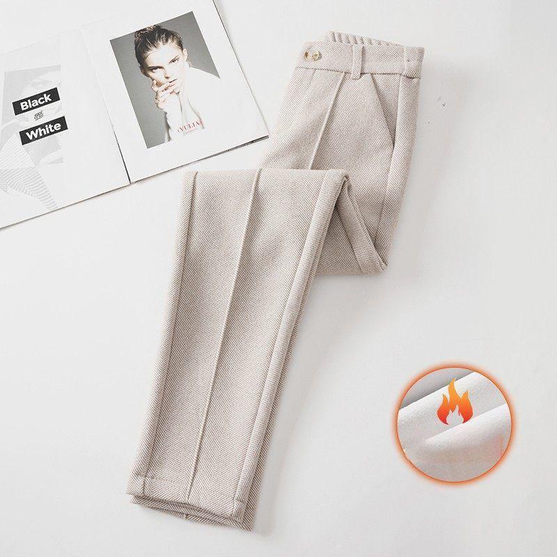 High Waist Wool Blend Pants Women Winter Thicken Plush Lined Harem Pantalones Office Casual Warm Ankle-length Woolen Spodnie