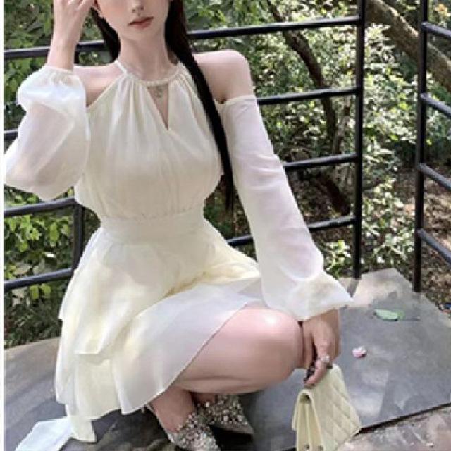 French apricot long-sleeved dress fairy summer fairy waist chiffon short skirt ruffle leaf edge cake a-word skirt