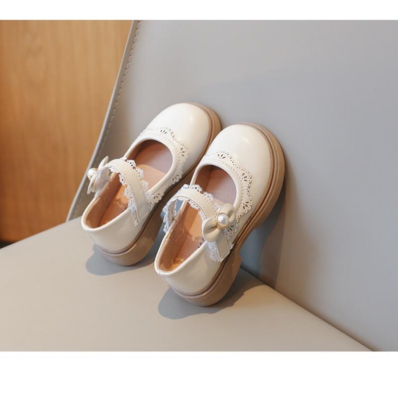 Girls' Princess Style Shoes Solid Color Bowknot Pearl Soft-Sole Casual Flats for Toddlers Elegant Lace Wedding Shoes for Girls