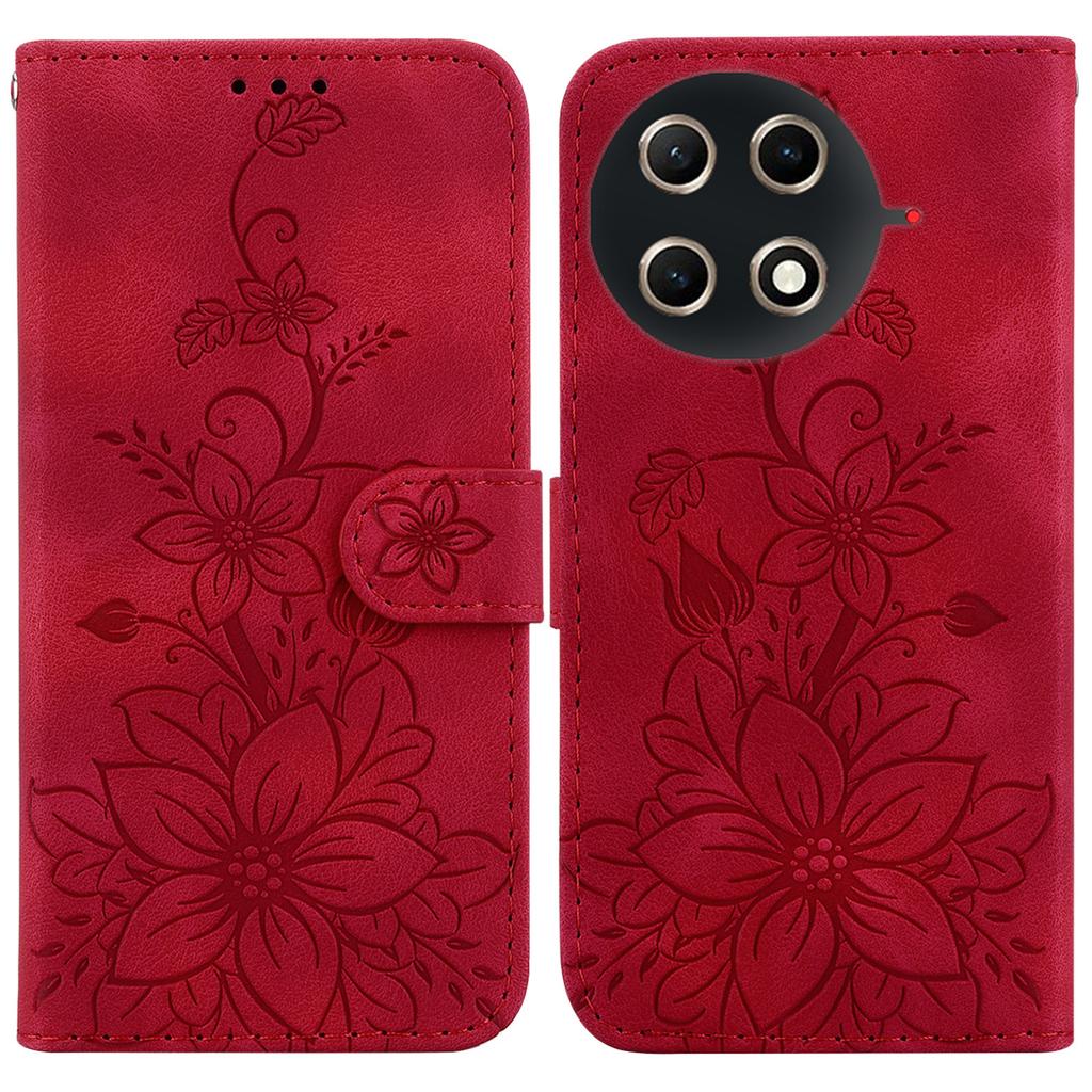 For TECNO Camon 30S 4G/30S Pro 4G Stand Case Lily Flower Imprint Leather Phone Cover with Wrist Strap