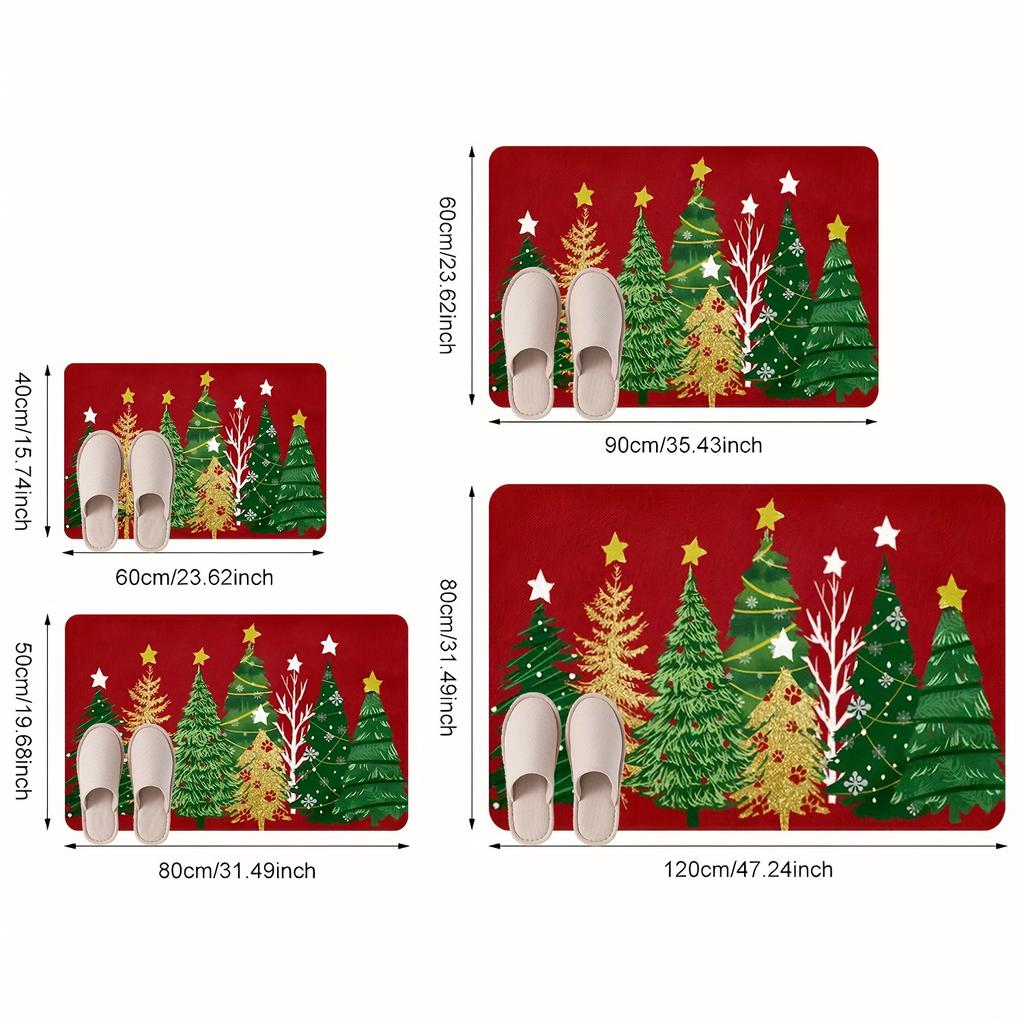 Christmas Tree Snow Scene Doormat,Red Gold Star Flannel Machine Washable Large Rug  Entryway Living Room Kitchen Holiday Decor