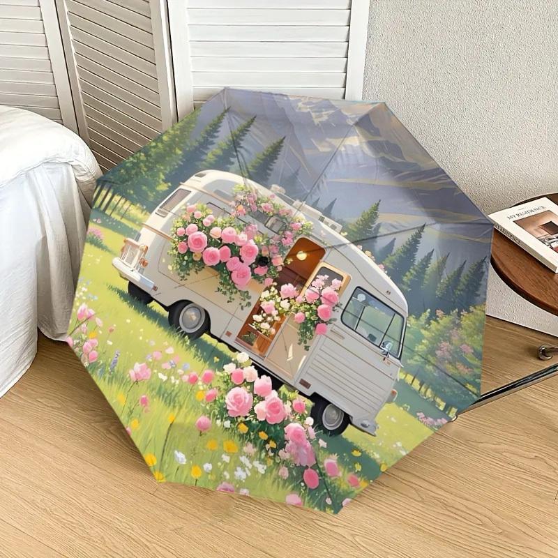 1pc Camper Van with Pink Flowers in Field Umbrella with Plastic Handle,Suitable for All Seasons Home Travel Outdoor UmbrellaDD414