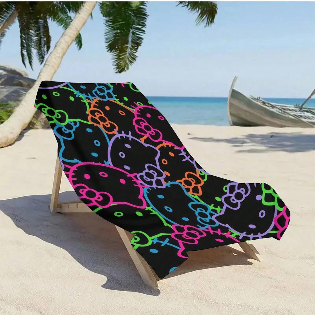 1pc Hello Kitty Neon Beach Towel: Polyester, 2D Print. Gift—Lightweight Quick-Dry Towel (Unisex), For Swimming/Surfing/Camping/