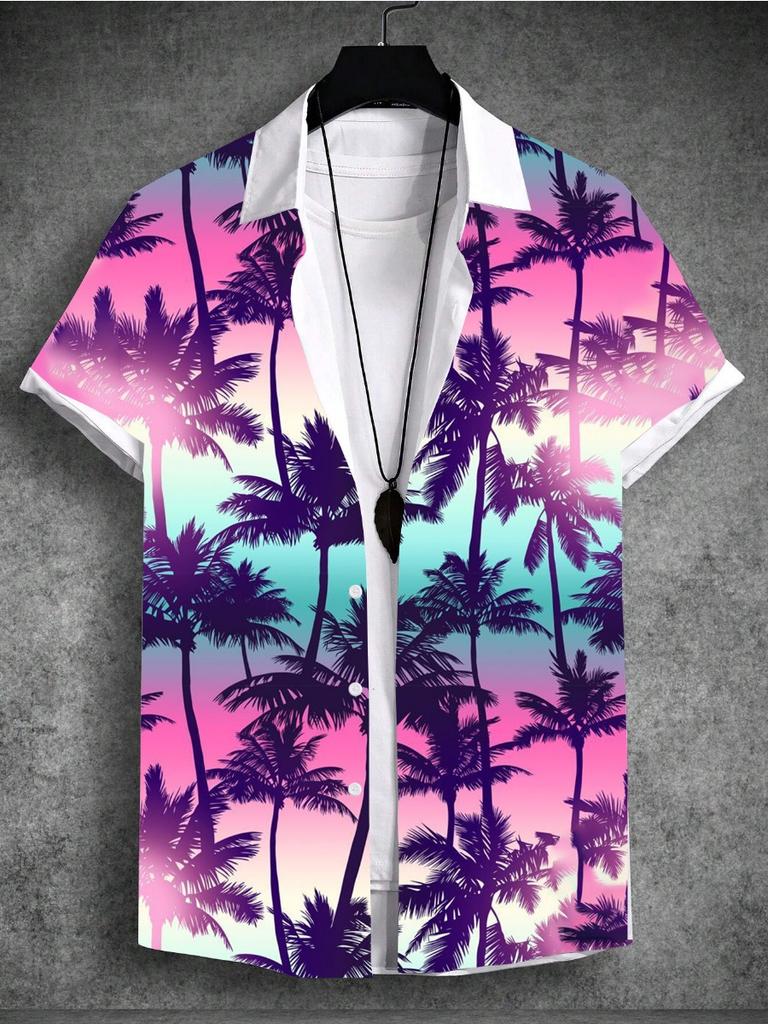 Summer 3d Print Men'sShirt Tropical Hawaiian Beach Vacation Plant Coconut Tree Short Sleeve T-Shirt 4-Way Stretch Fabric Shirt