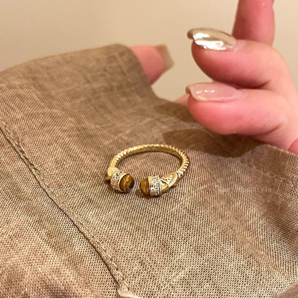 Maillard Tiger's Eye Stone Gold Ring Women's Autumn and Winter Adjustable Index Finger Ring Light Luxury Stacked Ring