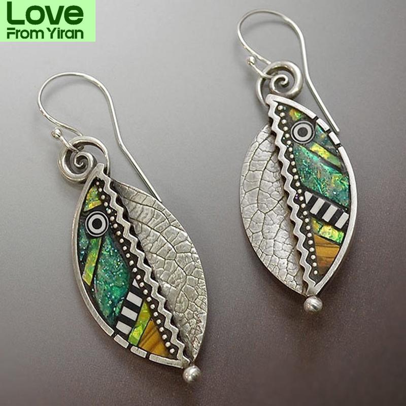 

Богемный серебряный цвет металла зеленые листья висячие свадебные серьги для женщин винтажные племенные абстрактные цветные каменные висячие серьги