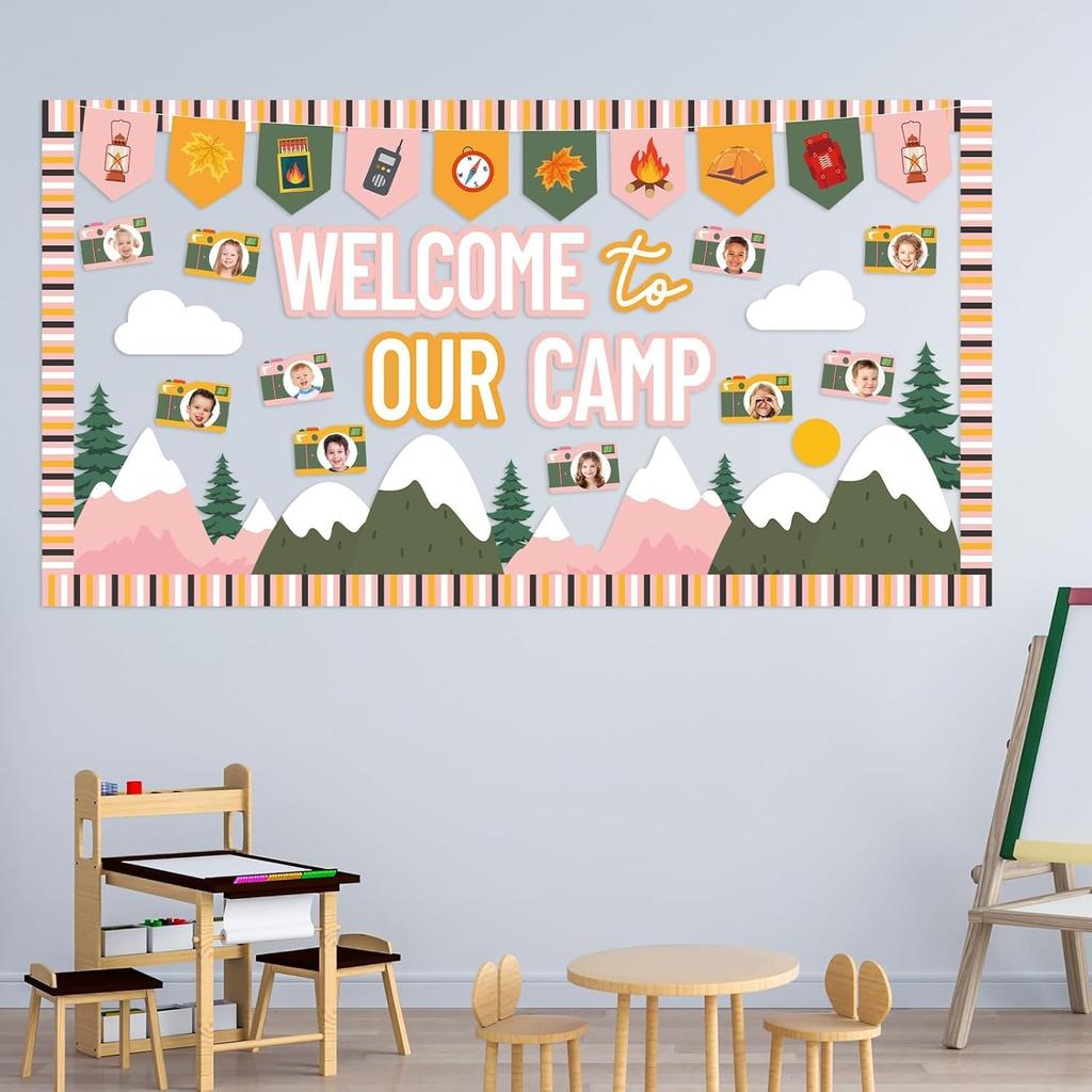 Camping Bulletin Board Set Woodland Classroom Decor Welcome to Our Camp Forest Mountain Classroom Decorations Border Adventure DIY Photo Craft Camper