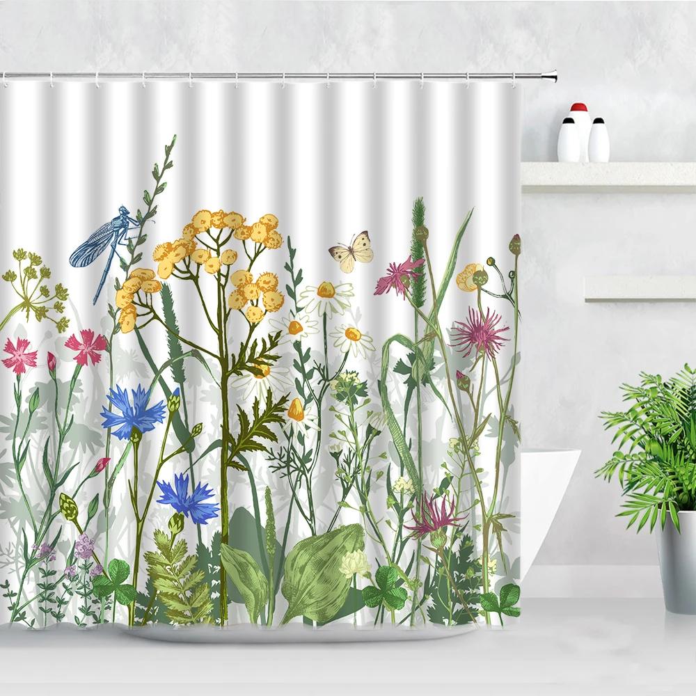 Natural Floral Shower Curtains Flowers Green Leaf Butterfly Water Color Art Nordic Modern Waterproof Bathroom Decor Curtain