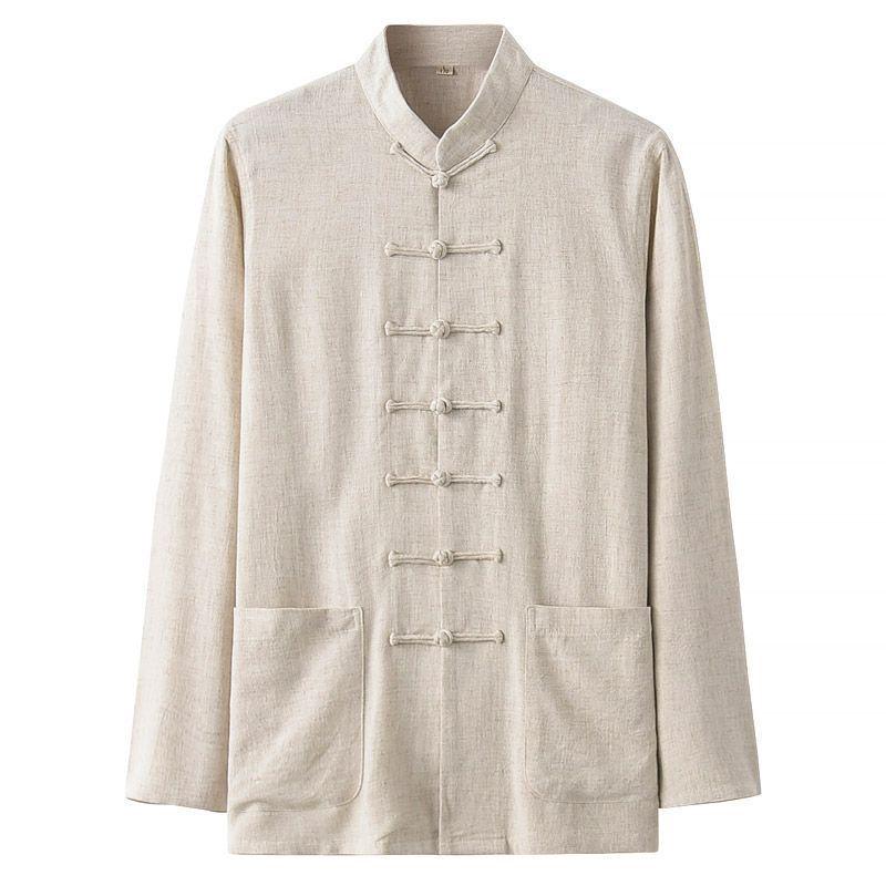 Men's Bamboo Cotton & Linen Retro Tang Suit Shirt for Spring/Summer - Long-Sleeved Kung Fu Tai Chi Tea Service