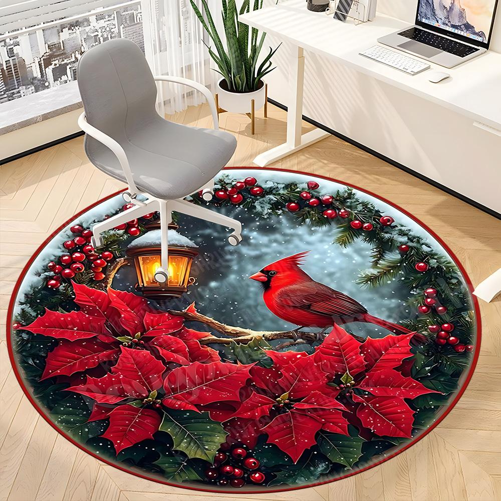 1pc Christmas Cardinal Poinsettia Chair Carpet for Office, Round Non Slip Durable Large Size Office Carpet, Suitable for Office
