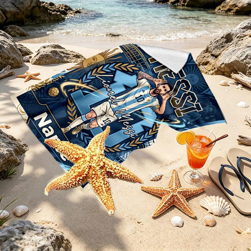 Serviette de plage personnalisée avec nom, impression Leo Messi, pour voyage, camping, fête à la plage, décoration intérieure, cadeau d'anniversaire pour la famille et les amis