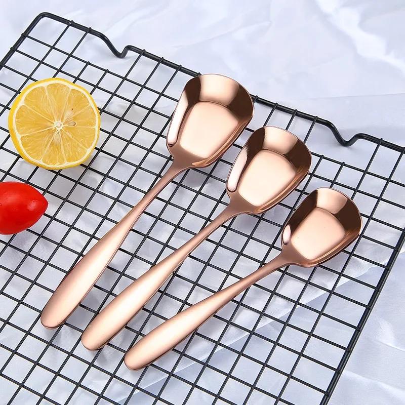 1PC Stainless Steel Rice Spoon S M L Square Spoon Ladle Gold Dessert Ice Cream Table Spoon for Kids Restaurant Kitchen Tableware