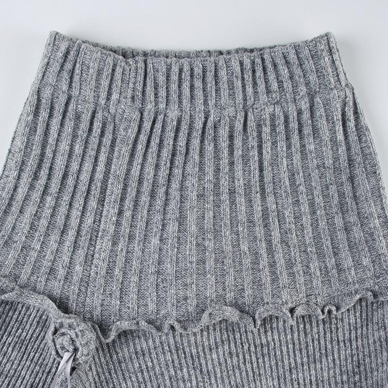 Women's Autumn Irregular Hem Knit Skirt - European & American Street Style with Pleated Design and Lace Details