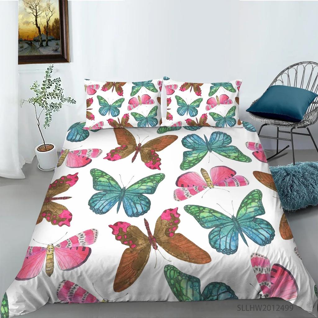 Set Biancheria da Letto in Microfibra con Farfalle e Coccinelle (Coccinella Septempunctata), Stile Pastorale, Copripiumino Matrimoniale, Set Piumone, Dropshipping