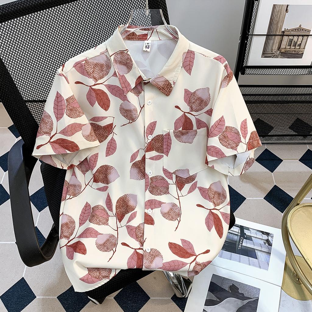 Hawaiian Full Printed Short-Sleeved Floral Shirt Men's Summer Thin Vacation Style Ice Silk Cool Half-Sleeved Loose Shirt