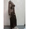 Women's Round Neck Long Sleeve Solid Colorwith Tie Back Elegant Long Dress 