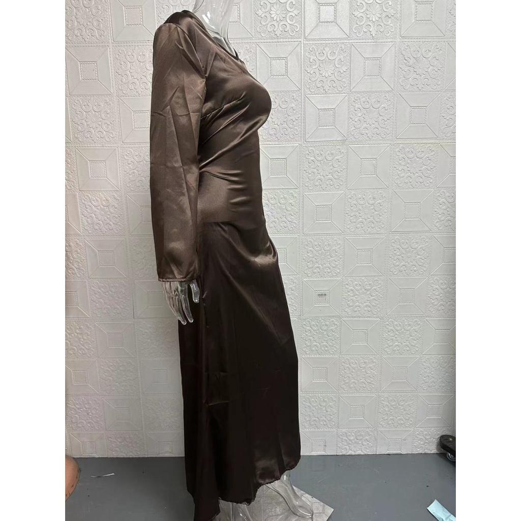Women's Round Neck Long Sleeve Solid Colorwith Tie Back Elegant Long Dress 