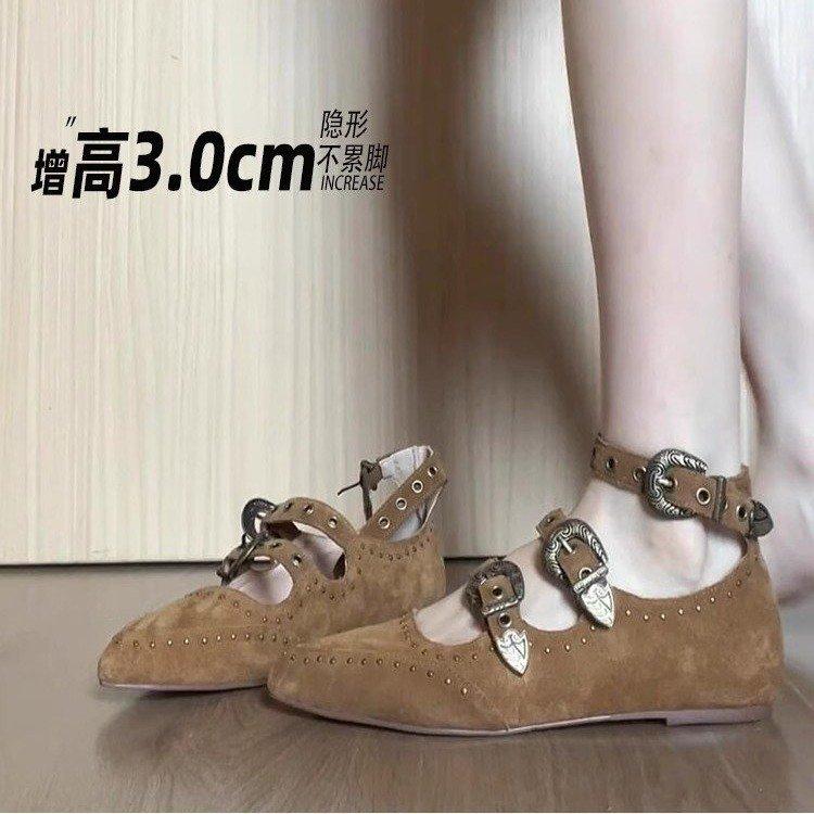 Sheepskin~ inner height increase fashion rivet pointed belt buckle Mary Jane shoes women's 2025 new retro versatile single shoes