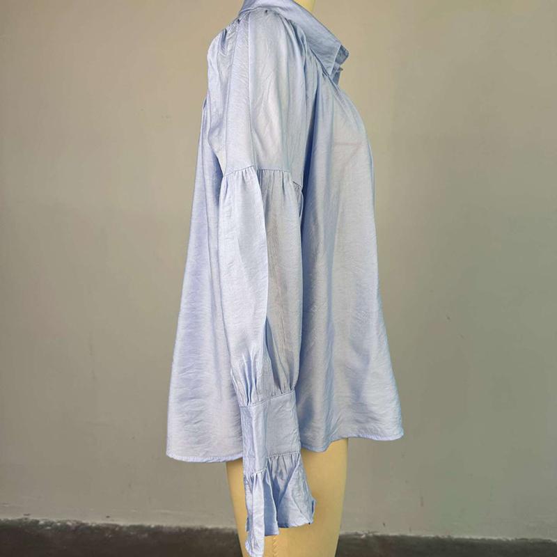Casual Shirts Women Loose Lantern Sleeve Buttons Turn Down Collar Pleated Blouse Lady Spring Summer Green Shirts