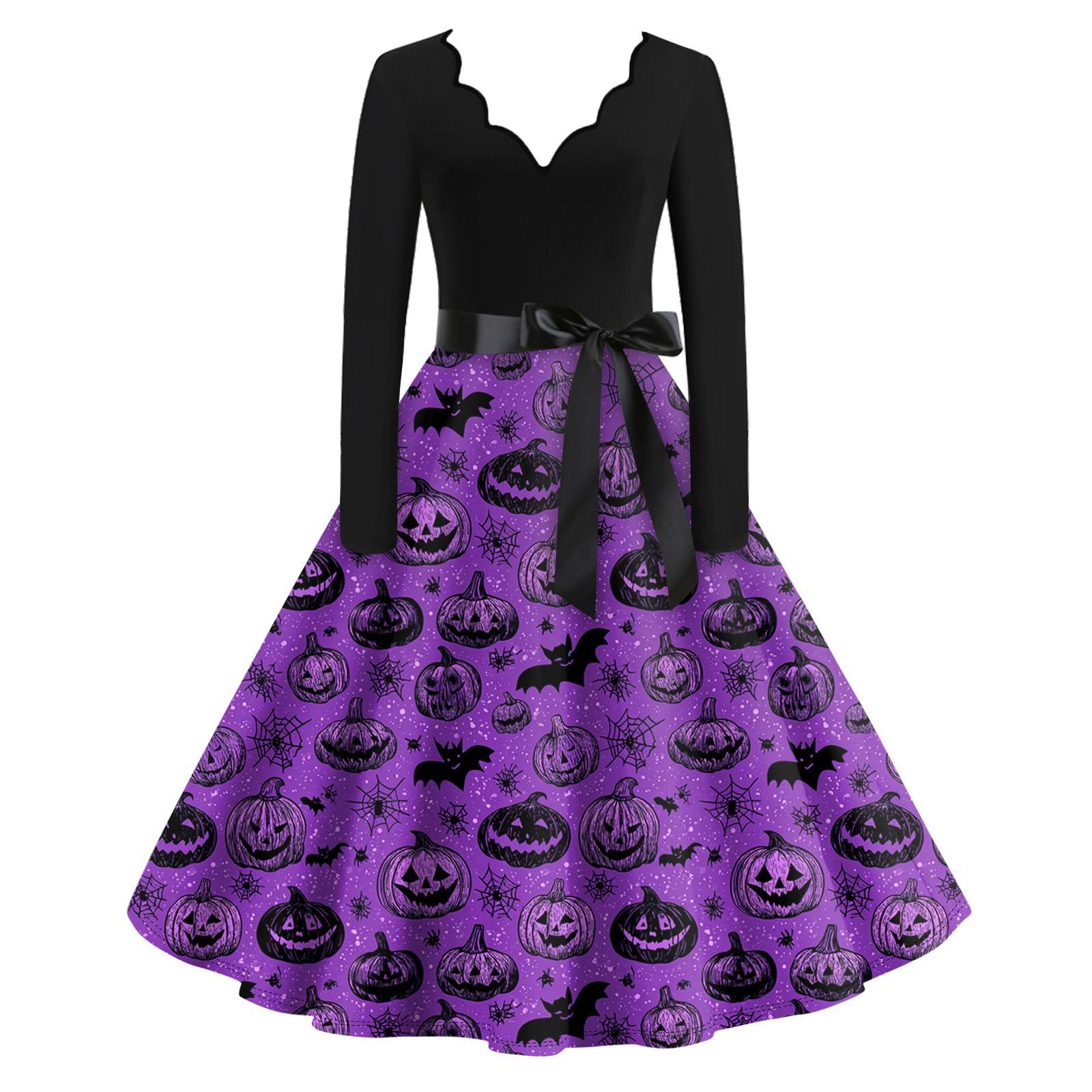 

Жіночі повсякденні модні вінтажні довгі сукні з довгими рукавами на Хелловін із графічним принтом XXXL фіолетовий