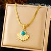 Vintage Heart Fan Shape Blue Turquoise Pearl Drop Earrings Necklace Set with Fashion Gold Accents