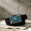 Western Belt Retro Turquoise Design Distressed Silver Buckle Faux Leather Wide Navajo Ethnic Style