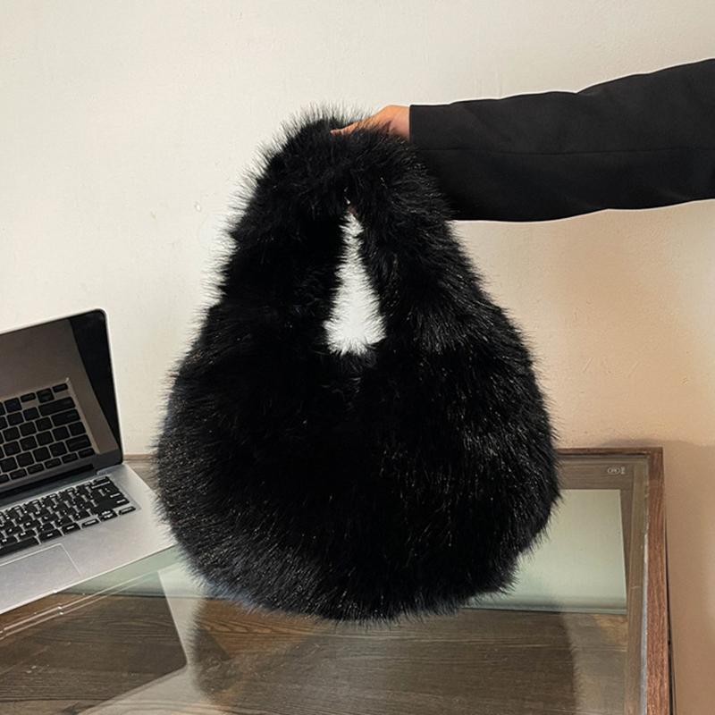 Luxury Soft Plush Half Moon Bag Faux Fur Fluffy Lady Handbags Female Winter Purse Party Clutch Bag Casual Tote Bag