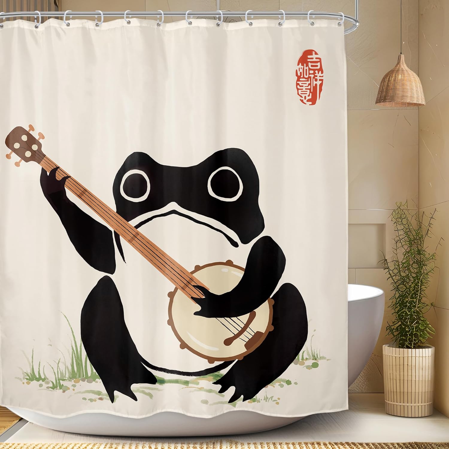 

Cute Frog Playing Banjo Shower Curtain Japanese Style Bathroom Decor Funny Animal Art Water Resistant Fabric Home Bath Accessory W60H190(CM)-1 Pcs