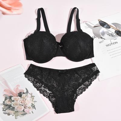 Women's Plus Size Lace Bra Set with Steel Ring Sexy Push-up and Breathable Large Breasts Small Underwear