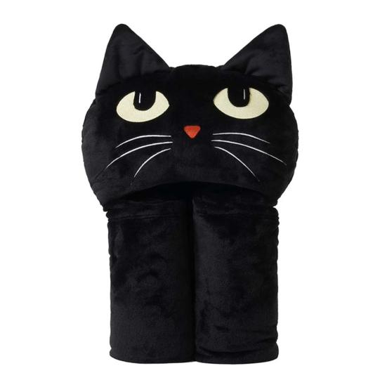 Halloween Brukbar Hettegenserteppe for Voksne Myk Flanell Hettekappe med Lomme Gresskar Svart Katt Cosplay Kostyme for Halloween-fester