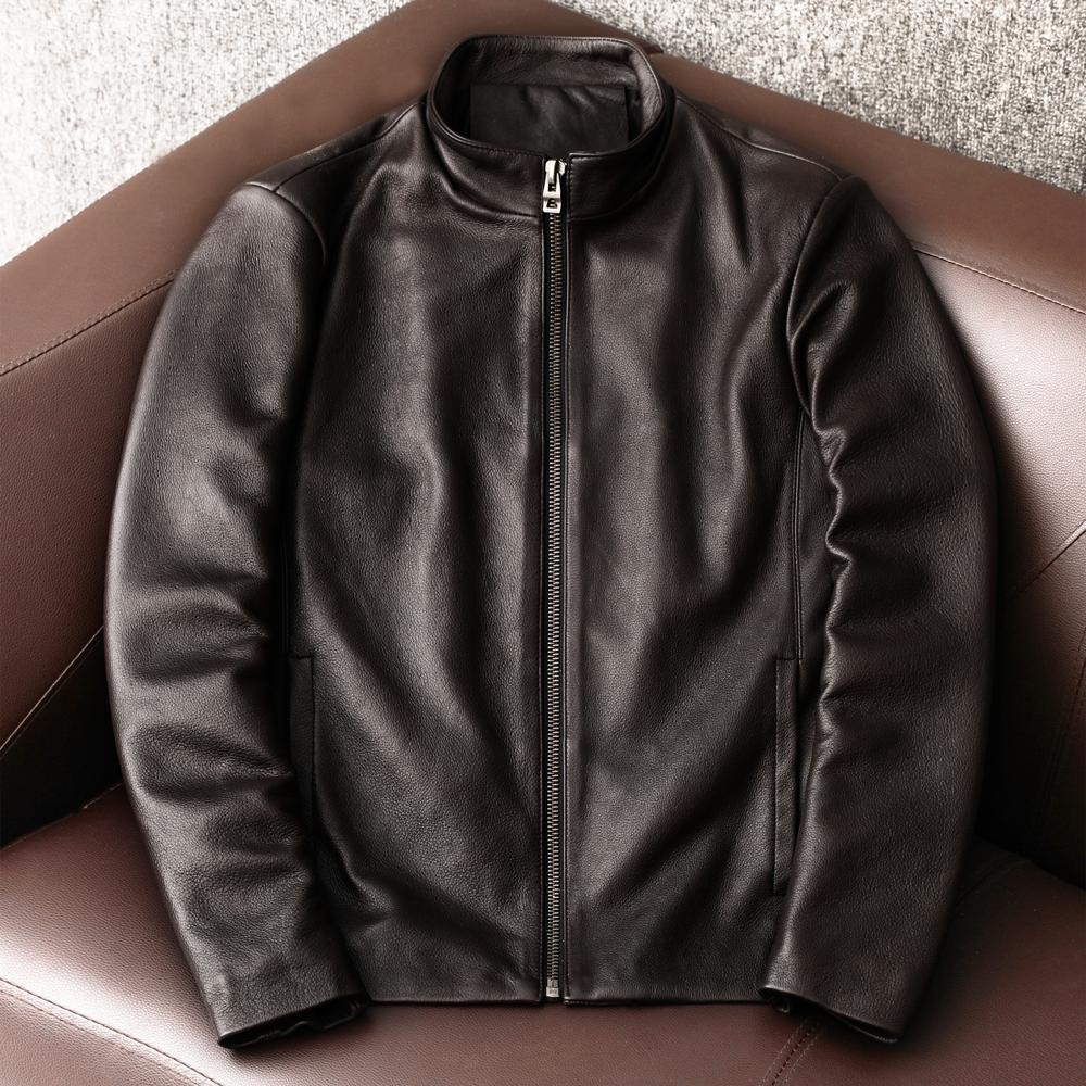 Genuine Leather Jacket Men Short Slim Fit Stand Collar Real Cowhide Biker Coat Casual Outerwear