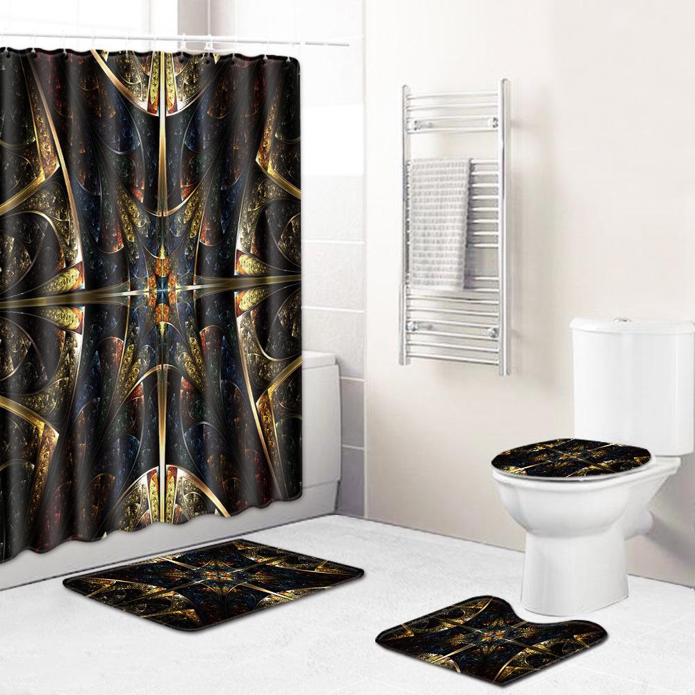 Cool Pattern Shower Curtain Floor Mat Combination Four-Piece Set Bathroom Toilet Carpet Mat Foot Mat