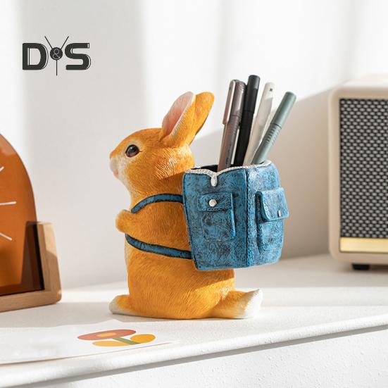 Rabbit Pen Holder Resin Bunny Figurine with Open Backpack Pencil Holder Decorative Rabbit Desk Organizer for Pens Pencils Makeup Brushes