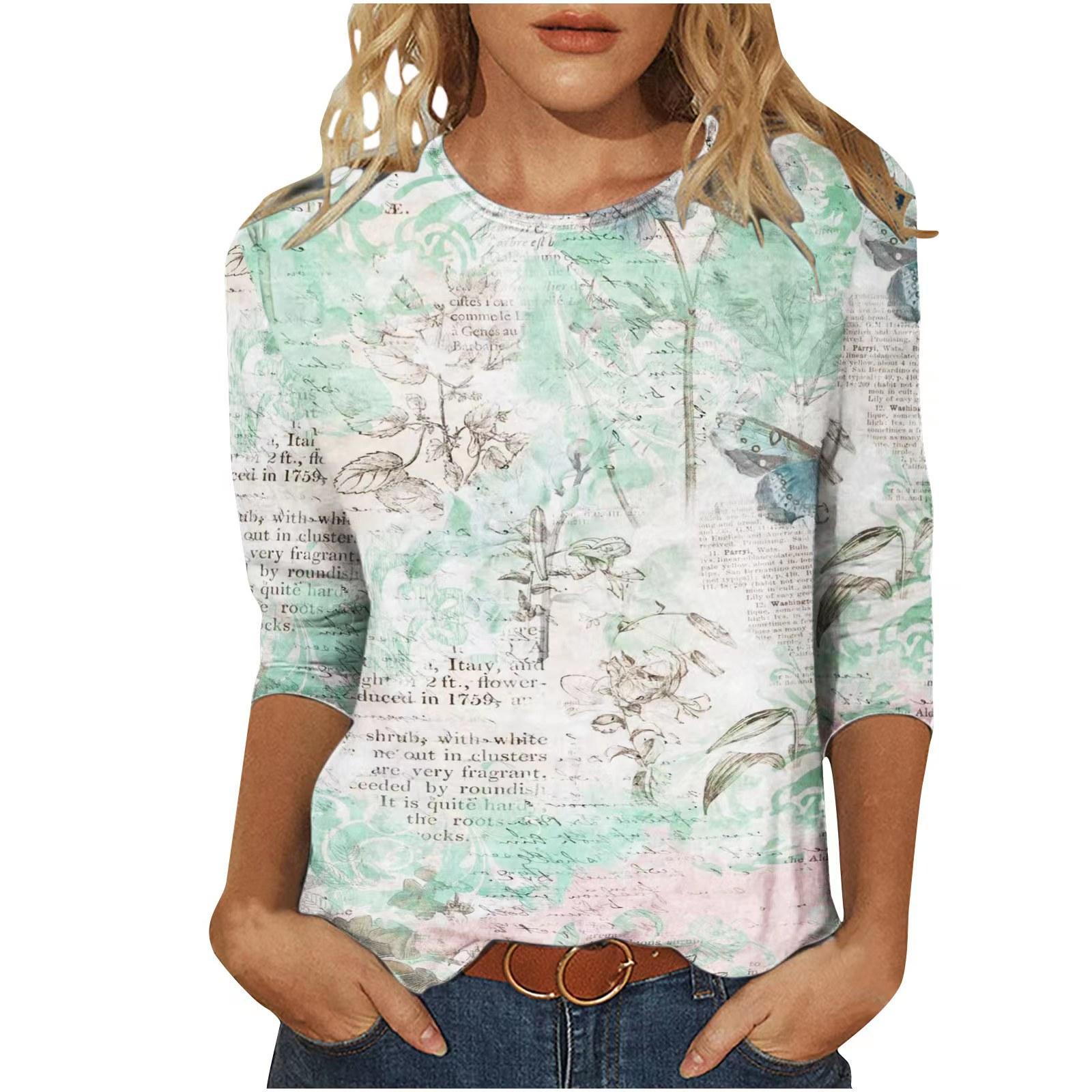 

Women s Casual Print Crew Neck 3/4 Sleeve T-Shirt Top In Stock S мятный зеленый