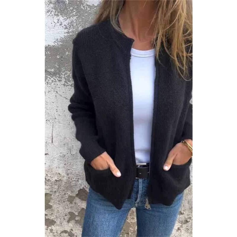 

Элегантный Модный Кардиган Женский Куртка на Молнии Вязаный Свитер Большого Размера Осень Зима Повседневный Свободный Пальто с Карманами Женский Длинный Рукав Однотонный Одежда 5XL чёрный