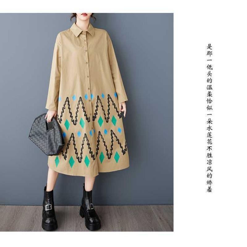 Loose Large Size Printed Splicing Casual Simple Sweetheart Long Sleeve Dresses
