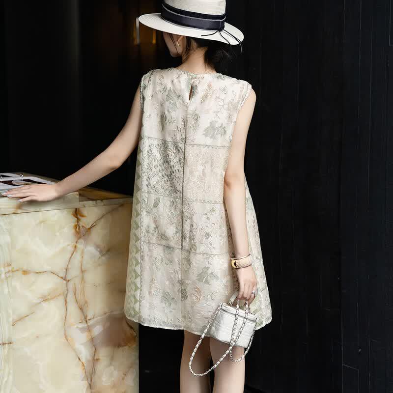 Elegant Linen Embroidered Sleeveless Cheongsam Dress