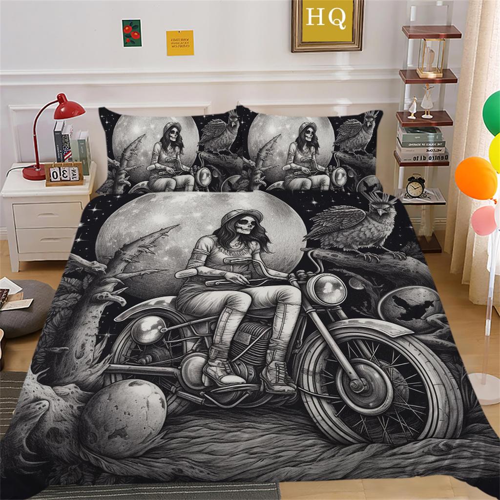 3D Dark Beauty Motorcycle Printed Bedding Set Beauty Skull Head Duvet Cover 2/3 Pieces AU180 * 210 Super Big Bed Room Quick Drying Home Decoration